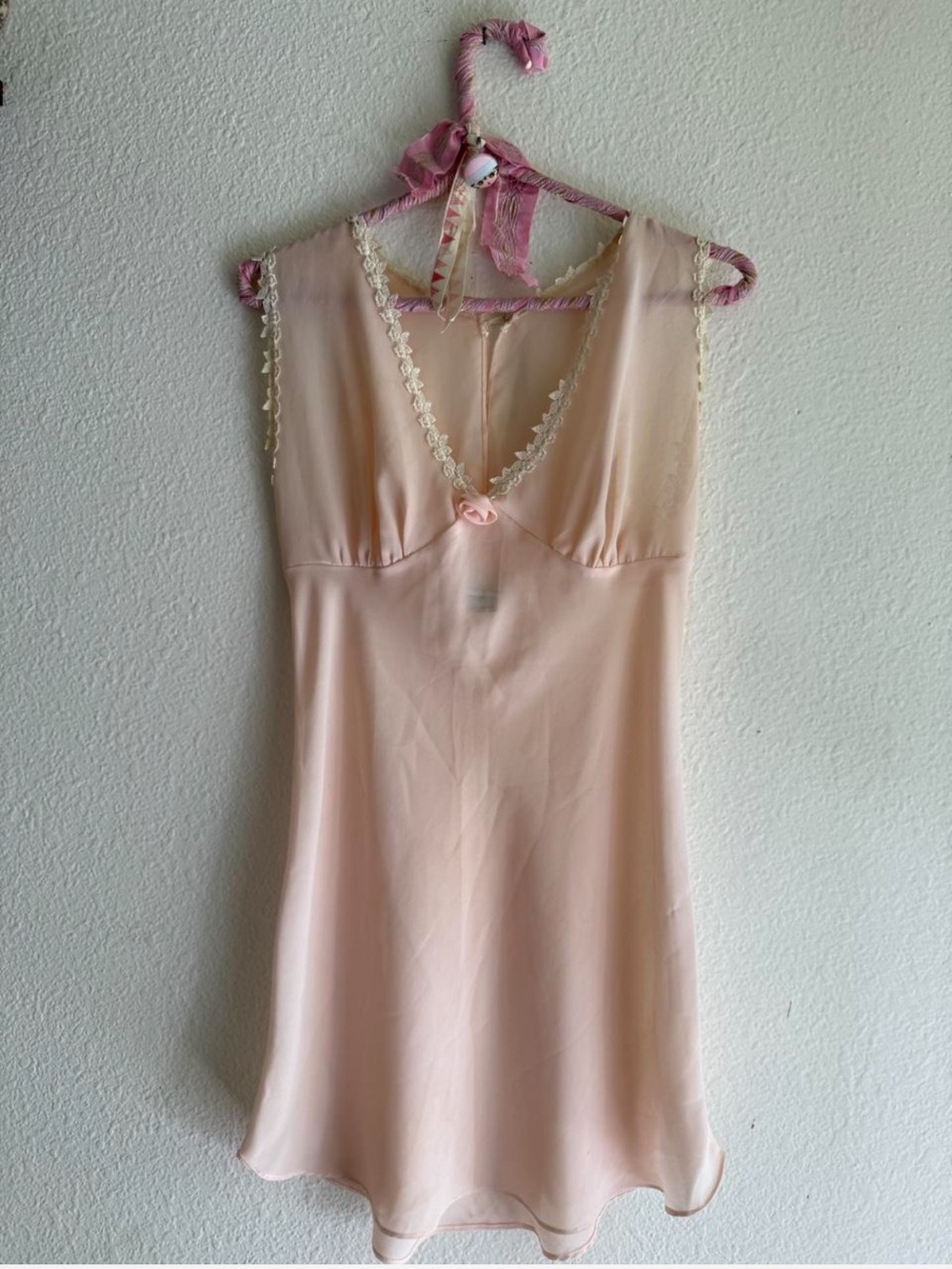 Vintage 1970s Sheer Pink Lace-Trim Mini Slip Dress Small